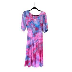 Antique 1940s Hand Dyed Cotton Day Dress Pink Blue Ice Dye Pleated Midi Dress